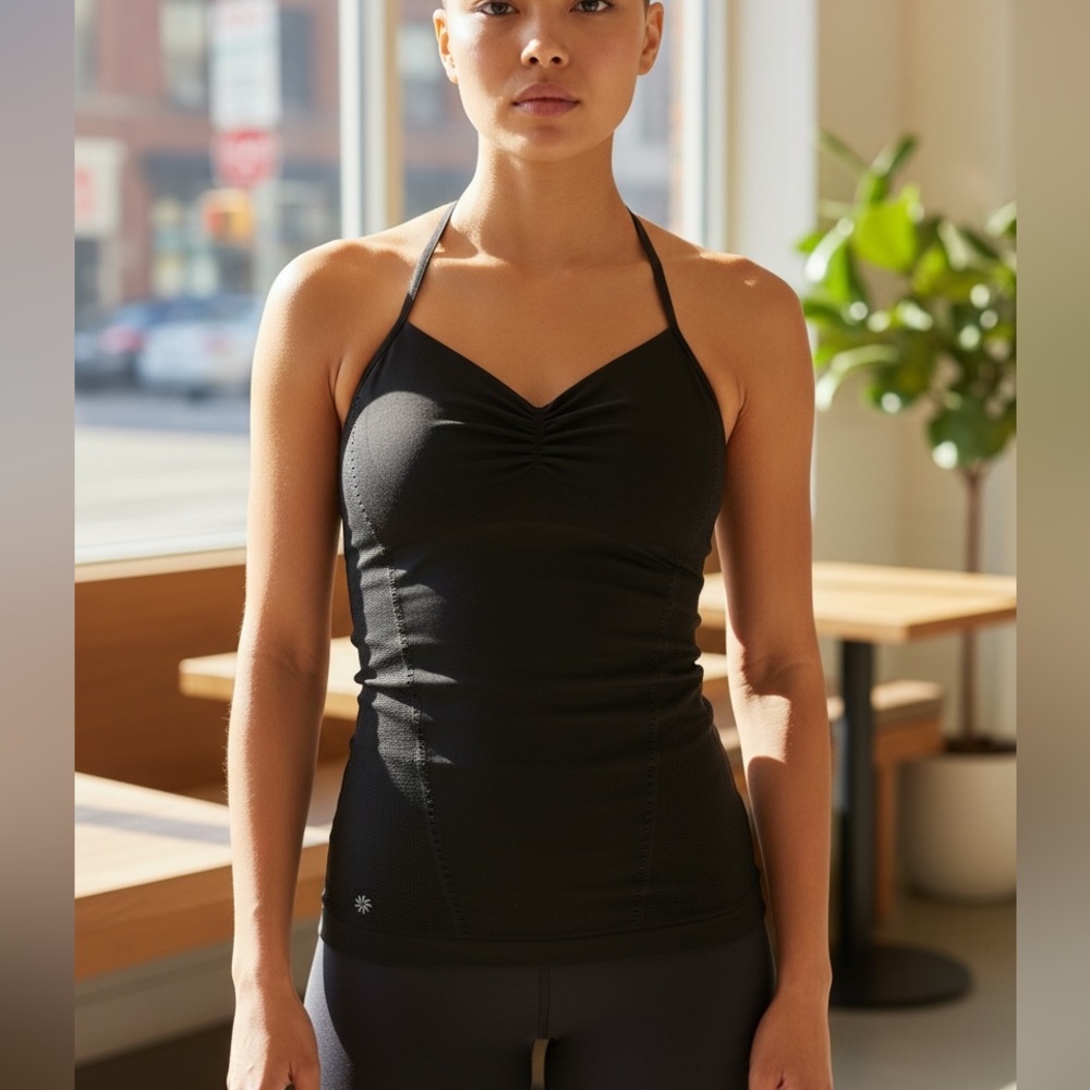 Athleta Black Halter Neck Tank Top, Built in Shalf Bra, Size Small